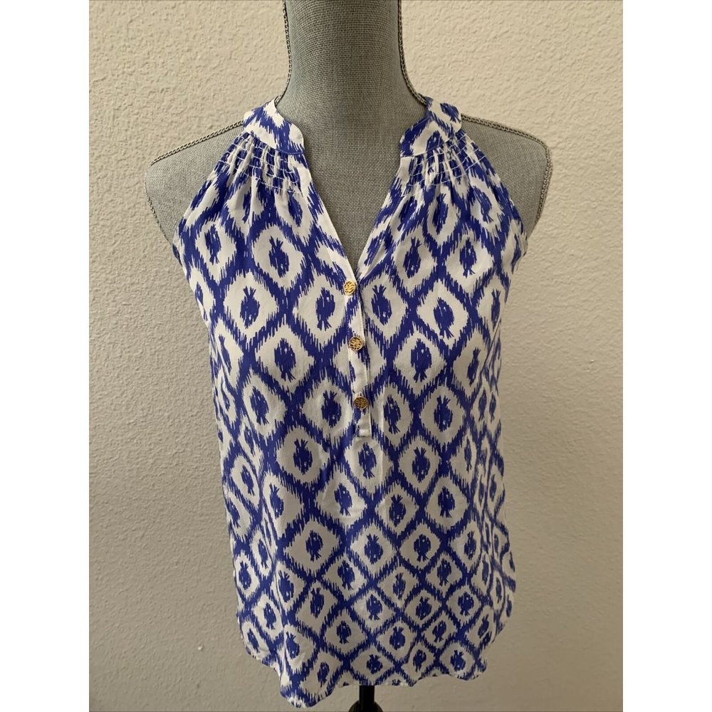 Lilly Pulitzer 100% Silk Top XXS Blue White Sleeveless Beautiful Buttons RARE